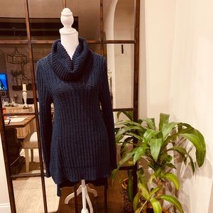 BCBG MaxAzria Cable knit, cowl neck, long sweater with split back.